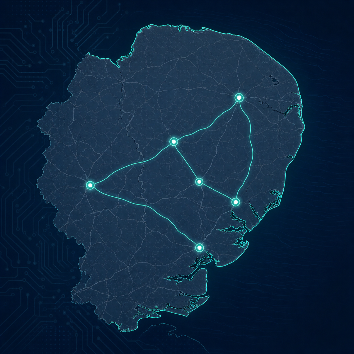 Illustrated regional map of East Anglia showing the mobile service area